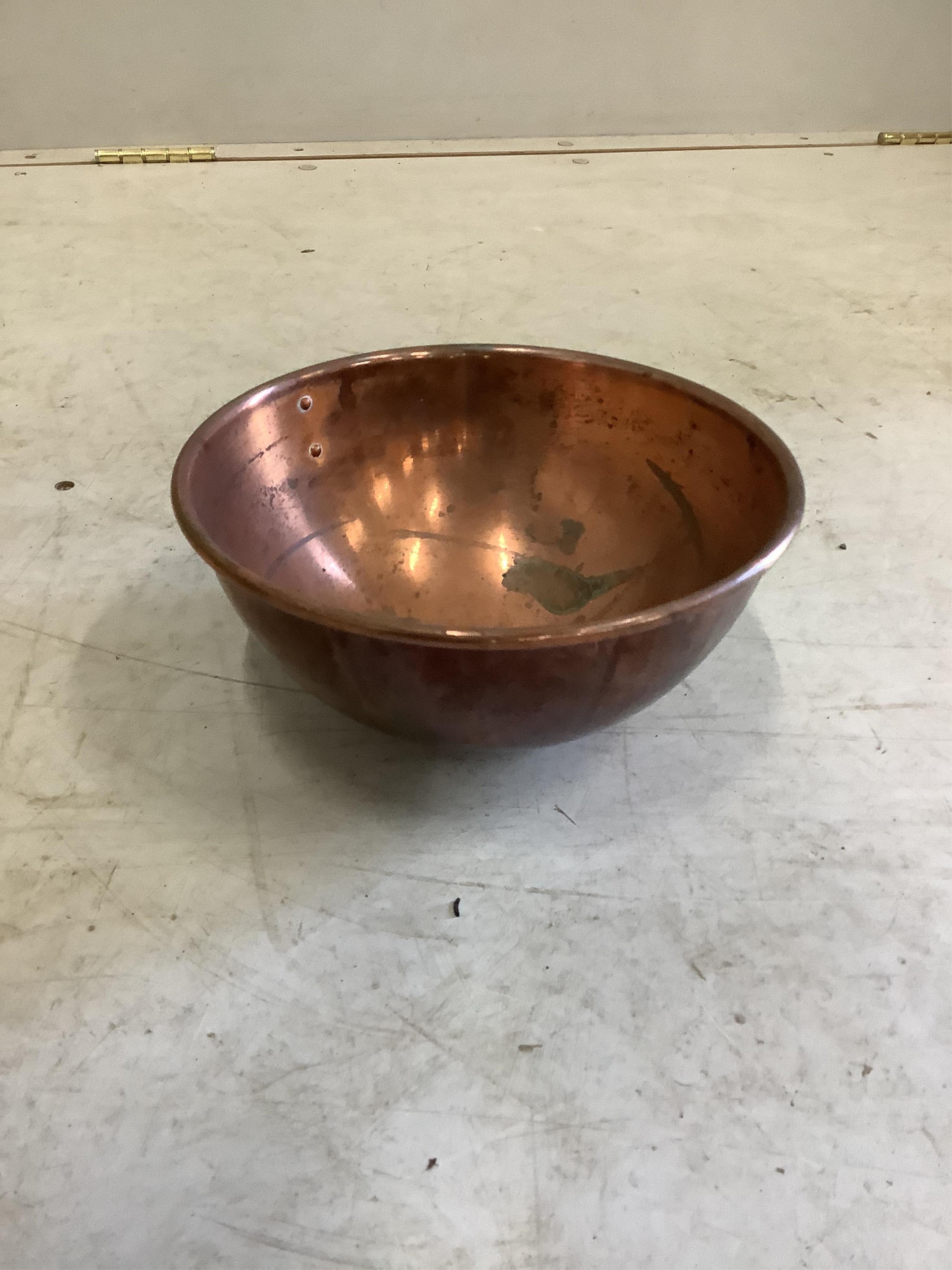 A Victorian copper and brass circular preserving vat, diameter 38cm, height 32cm together with a small Victorian circular copper dish. Condition - good